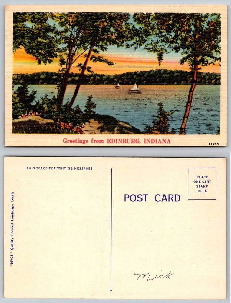 Vintage Greetings from Edinburg Indiana Lake Sailboats Sunset Postcard NYCE