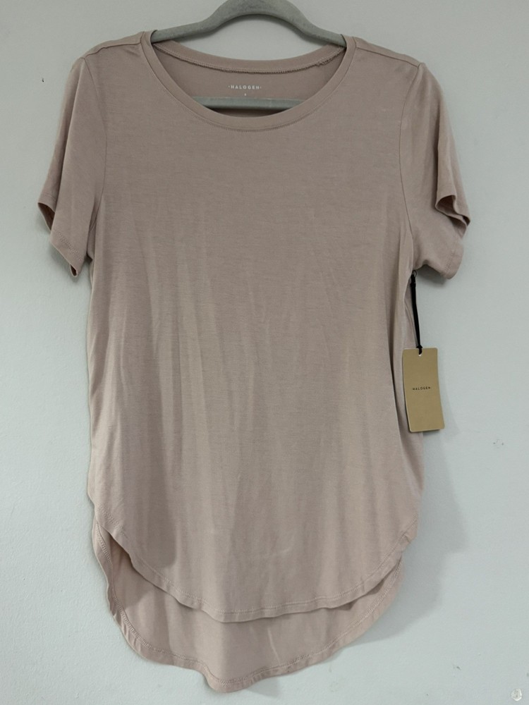 Halogen T-Shirt Womens Small Pink Stretch Asymmetrical Hem Round Neck