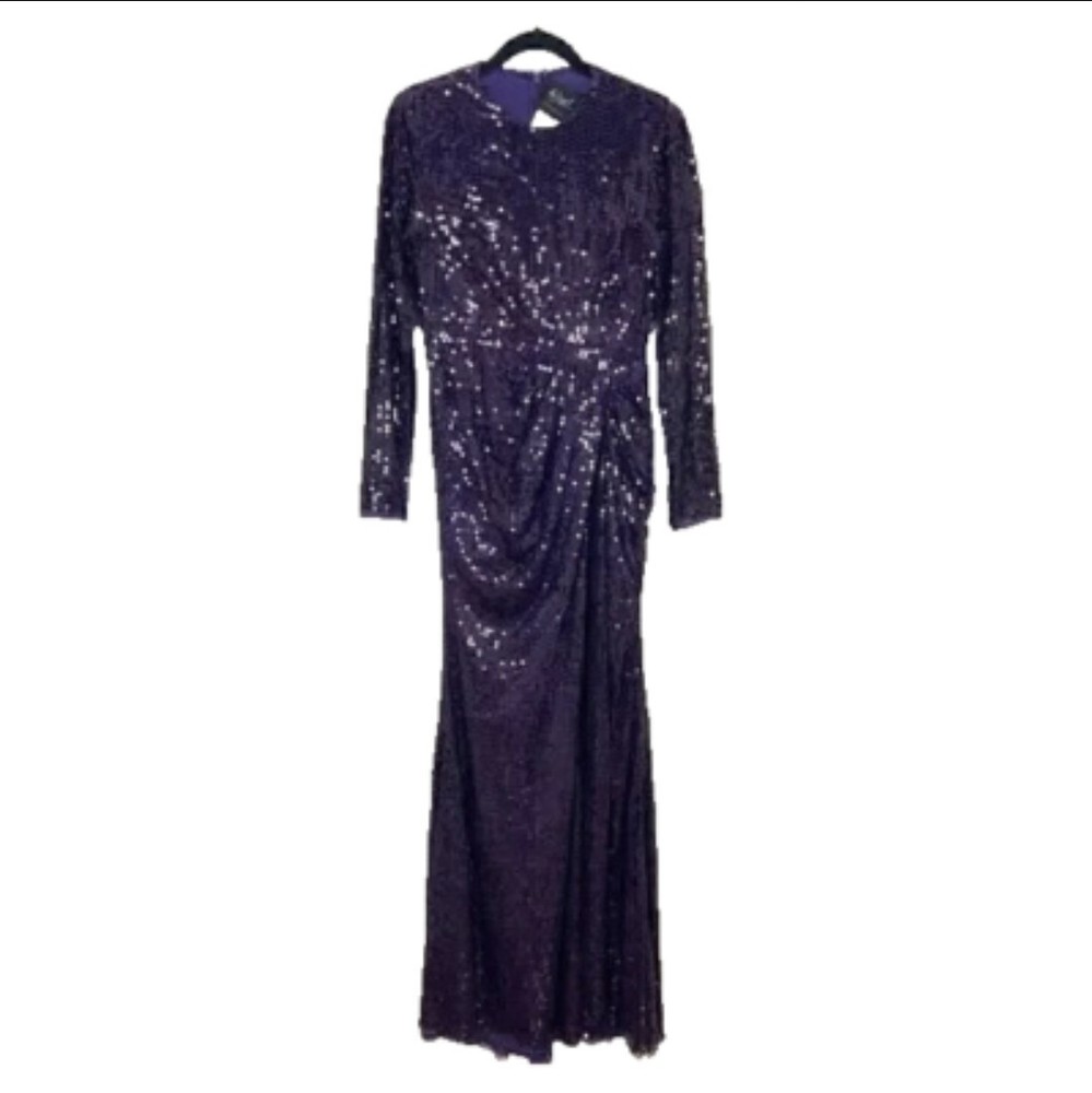 Mac Duggal SEQUINED HIGH NECK LONG SLEEVE DRAPED GOWN 10824 SIZE 4 Amethyst