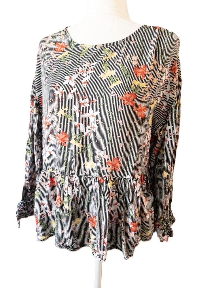 Pleione Floral Striped Long-Sleeve Peplum Blouse With Keyhole Back Detail SZ M