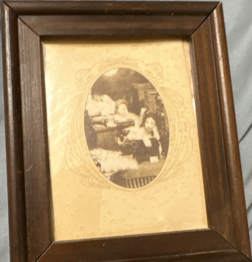Vintage Framed Sepia Child Portrait Photograph in Oval Wooden Frame