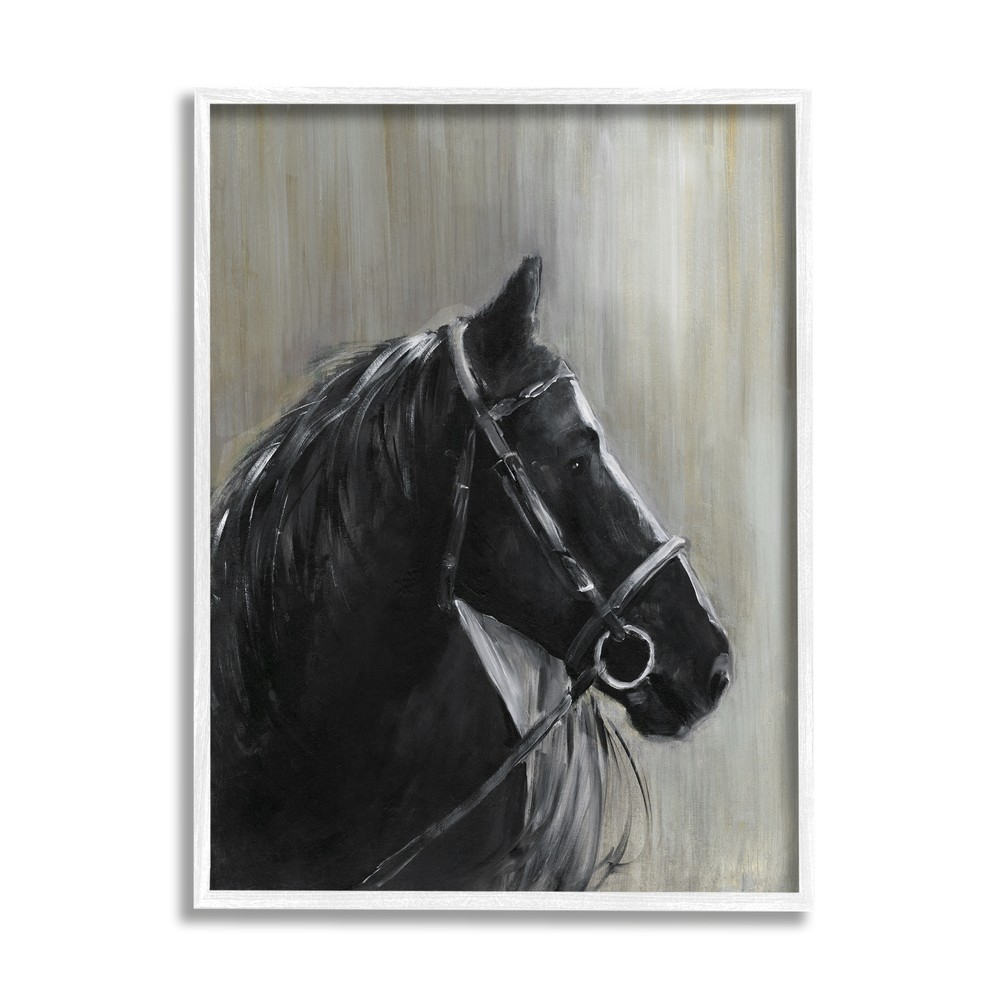 Stupell Black Horse in Bridle Solemn Equestrian Portrait Framed Wall Art
