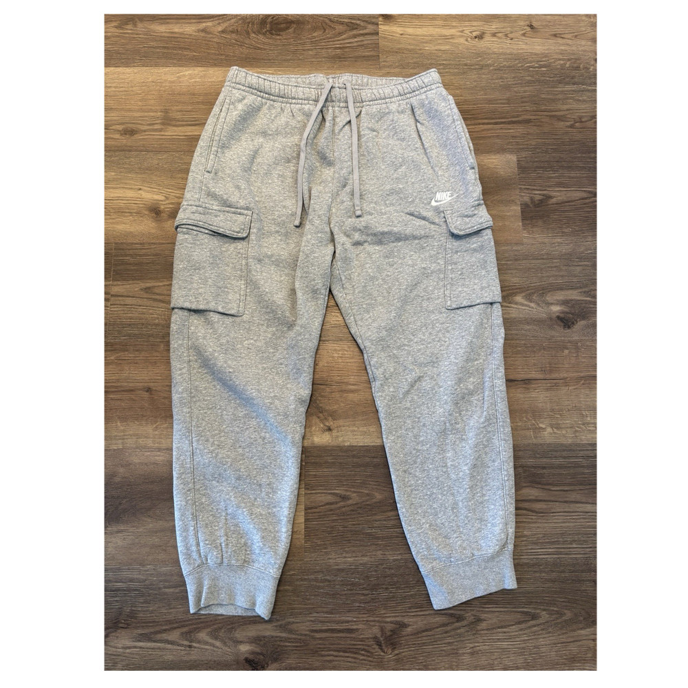 Nike Men's Gray Club Fleece Cargo Jogger Pants L Cotton Blend Drawstring Pockets