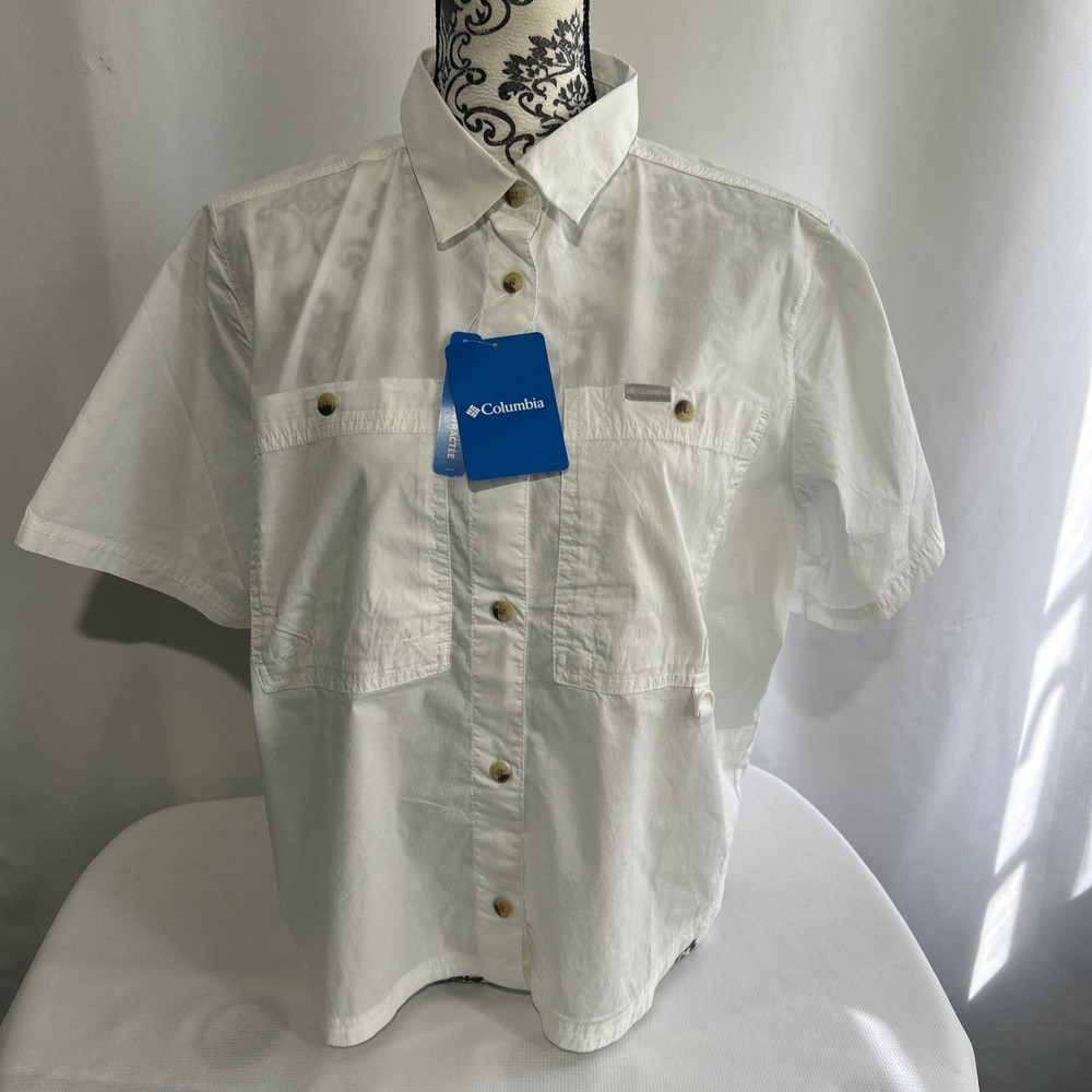 Columbia Womens Size L White Brea Falls Woven Short Sleeve Button Up Shirt