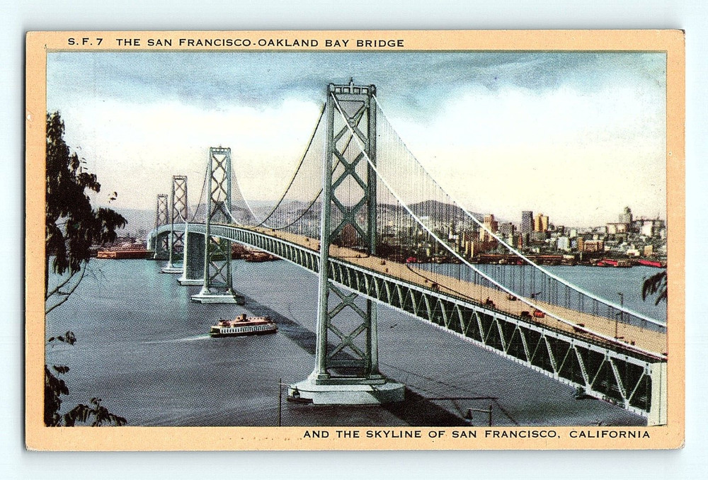 San Francisco Oakland Bay Bridge Sky Line California Ferry Boat Postcard G5