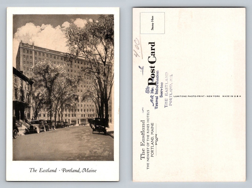 Portland, ME-Maine, Eastland Hotel Street Scene Vintage Postcard