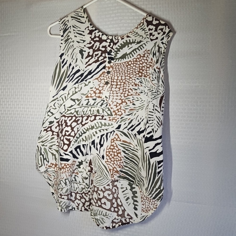 Leslie Fay Seperates Top, Women's 16, Sleeveless, Brown Tropical, Beach, Coastal
