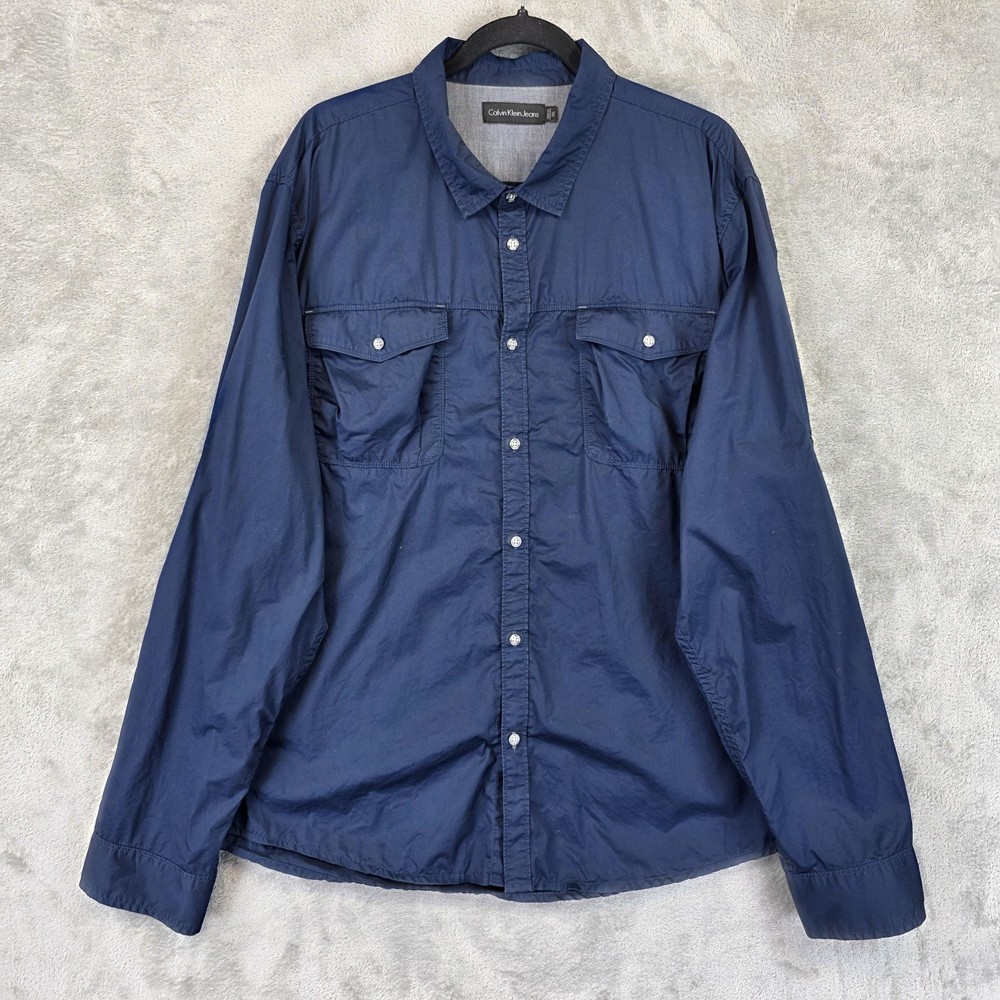 Calvin Klein Jeans Shirt Mens 2XL Blue Solid Long Sleeve Button Front Pockets