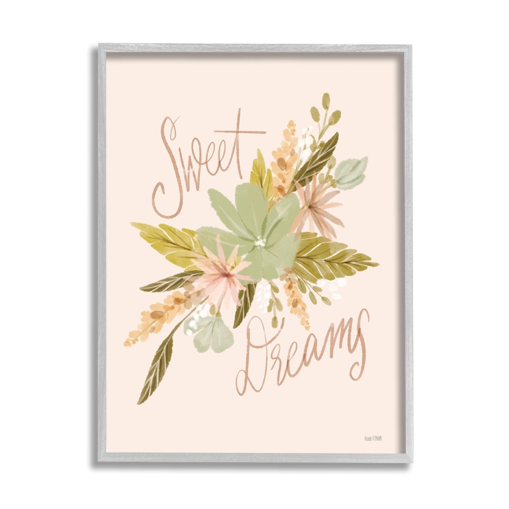 Sweet Dreams Floral Phrase Gray Framed Giclee Art Design by House Fenway