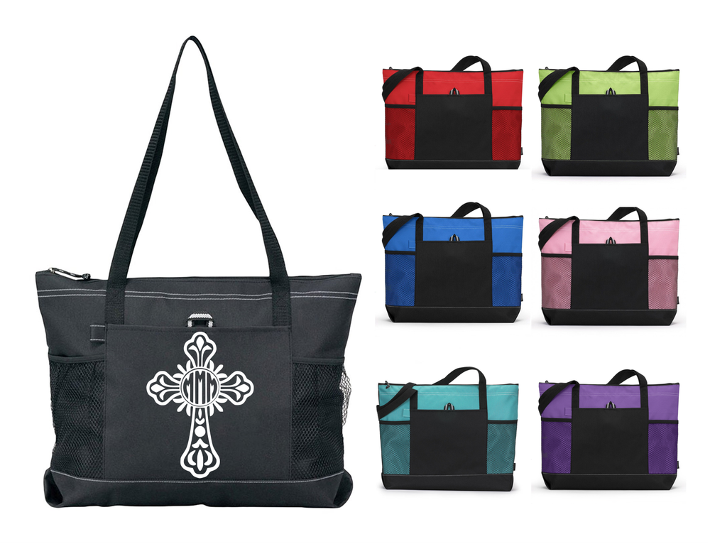 FANCY CROSS MONOGRAM NAME ZIPPERED TOTE PURSE TRAVEL OVERNIGHT SPORTS GYM BAG