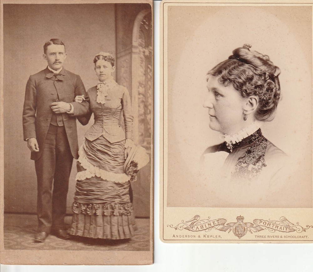 2 Antique Cabinet Card Photos Portraits Couple & Woman Unknown Origin