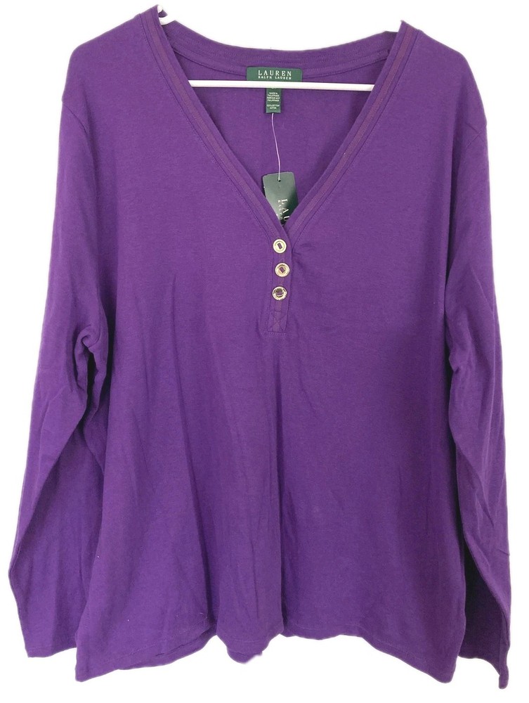 Lauren Ralph Lauren Shirt Women 3X Purple 3 Button Vneck Long Sleeve Henley NWT