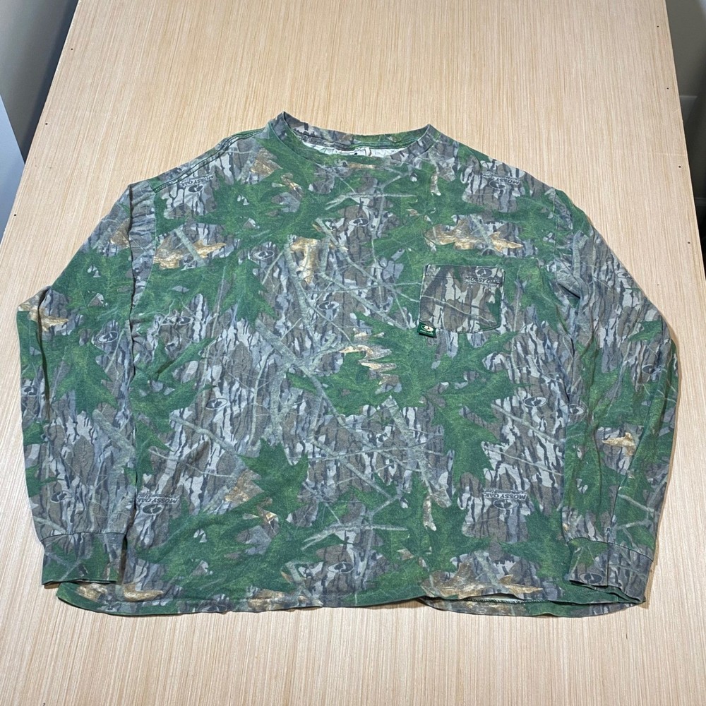 Vintage Mossy Oak Break Up Camo Long Sleeve Pocket T-Shirt XXL Made in USA Green