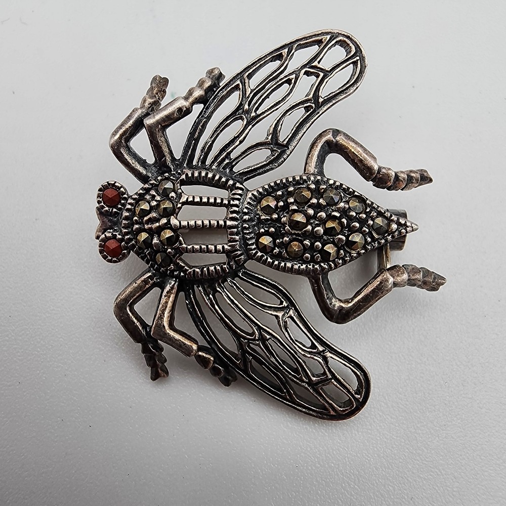 Vintage Sterling Silver Marcasite Fly Insect Brooch Pin Red Eyes Art Deco Style