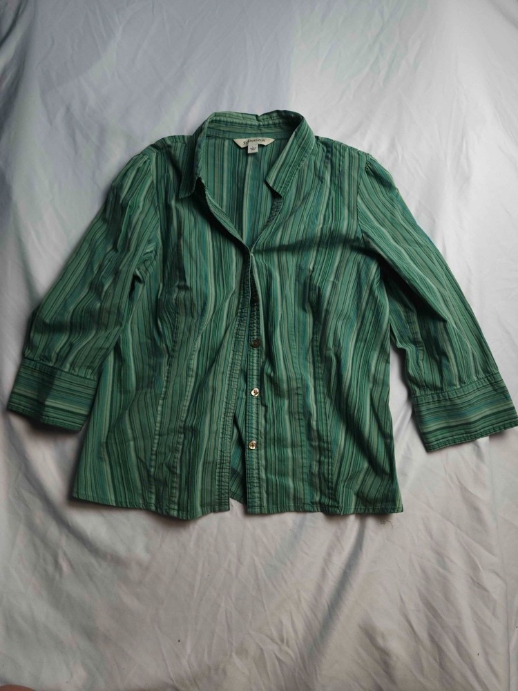 St. Johns Bay Button Up Shirt Womens 1X Plus Green Blue Striped Dark Academia