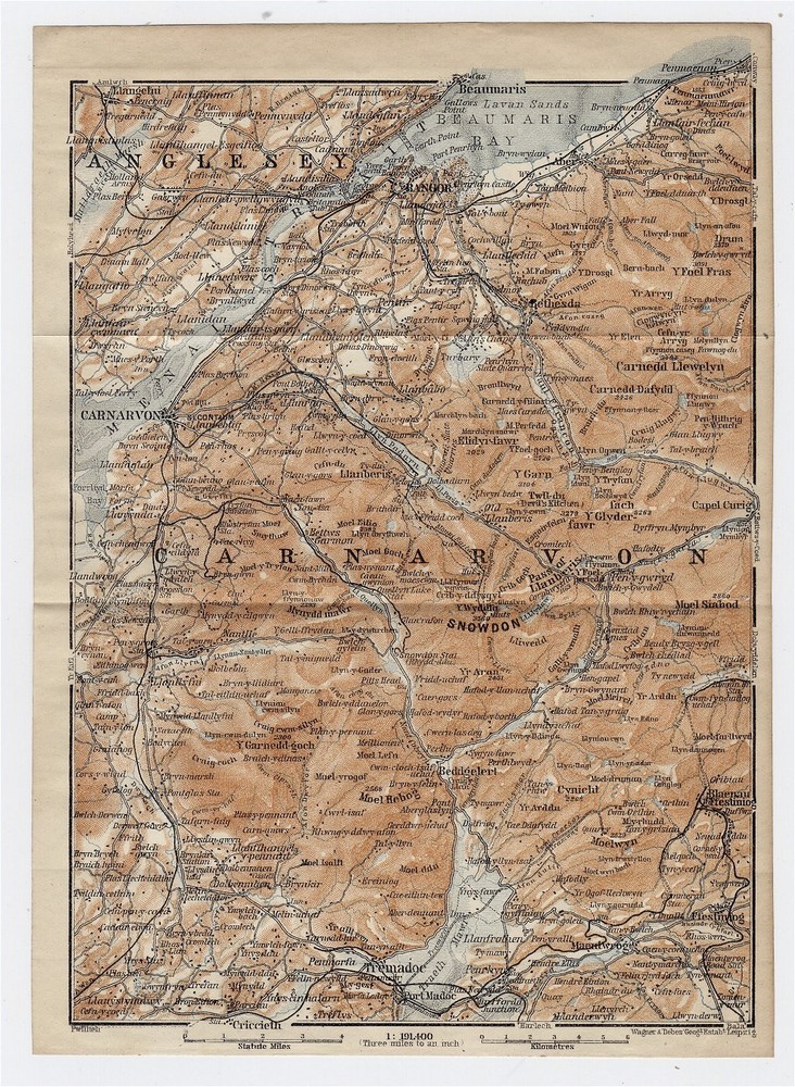 1910 Original Antique Map Of Carnarvon Caernarfon Snowdon Bangor Tremadog Wales
