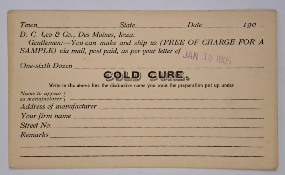 Quack Medicine Antique 1905 Cure Postcard D. C. Leo & Company Des Moines Iowa