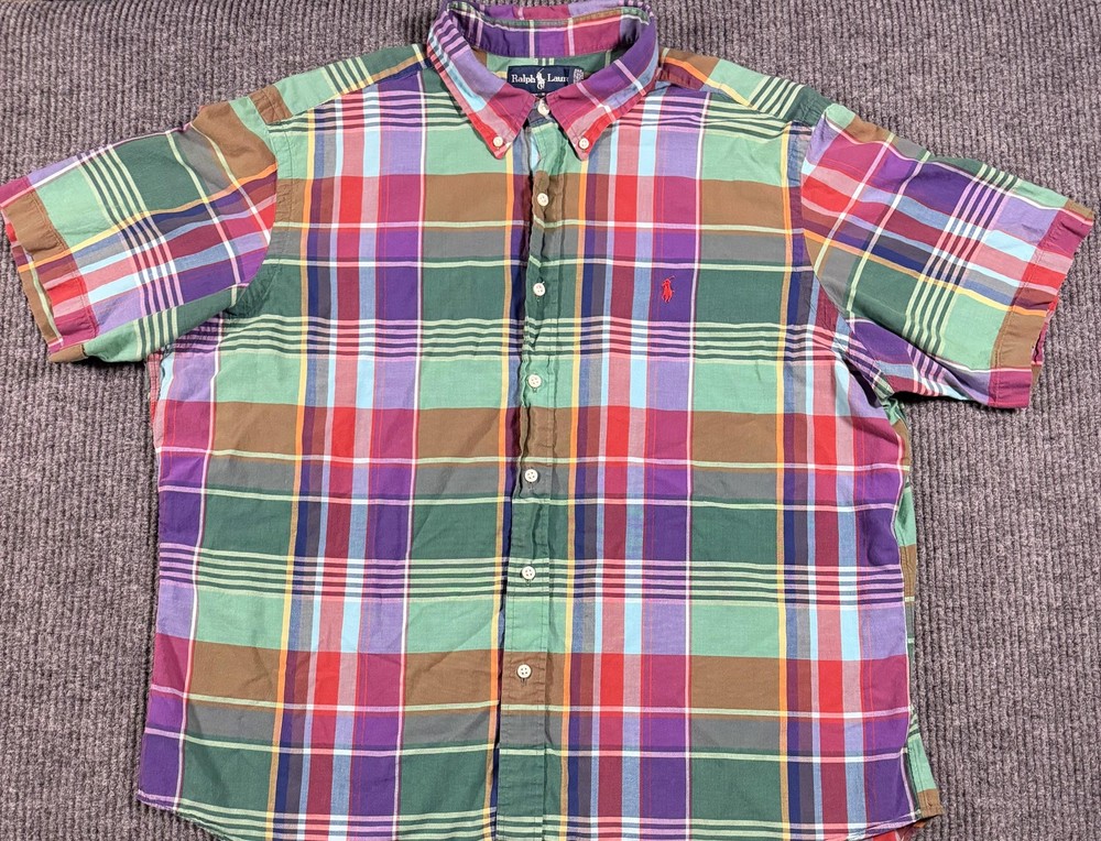Ralph Lauren Shirt Mens 2XL Madras Plaid Short Sleeve Button Down Multicolor