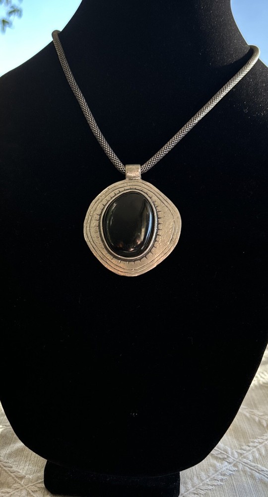 Vintage Faux Black Onyx Set in Silver Tone On a Tubular Snake Chain Brutalist