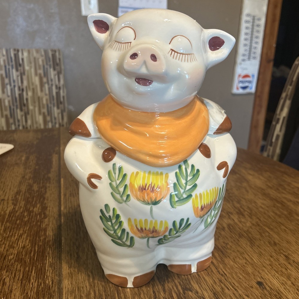 Vintage 1940's Shawnee Pottery Smiley Pig Cookie Jar Orange Scarf & Sunflowers