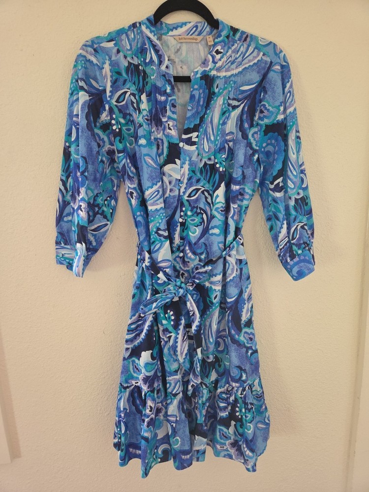 Womens Soft Surroundings 3/4 Sleeve Feyre Midi Dress Island Sun Paisley Blue Sz