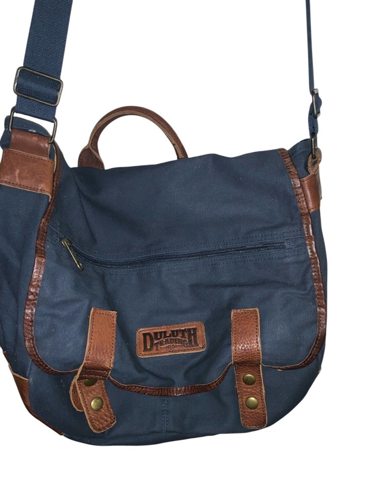 Duluth Trading Co Navy Blue Canvas Fire Hose Brown Leather Field Messenger Bag
