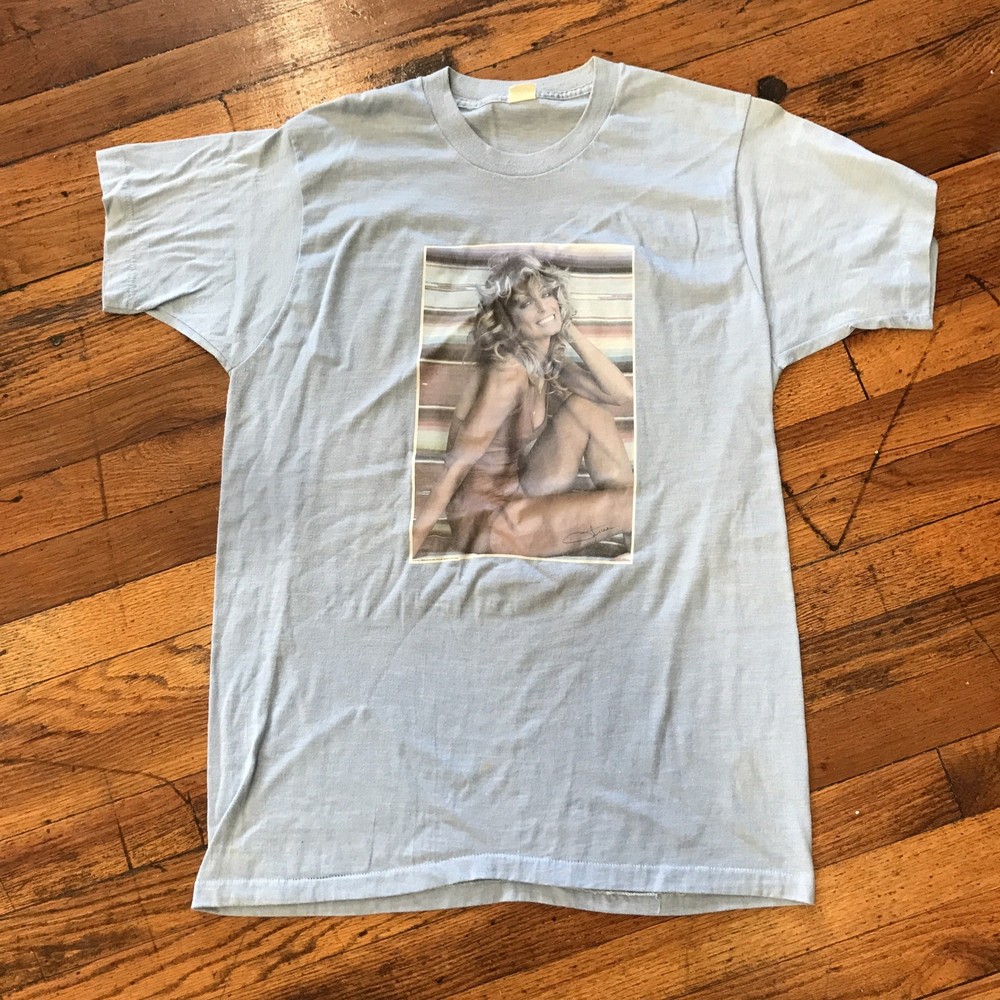 Vintage 1970’s Farrah Fawcett Graphic T Shirt Size XL Light Blue Single Stitch