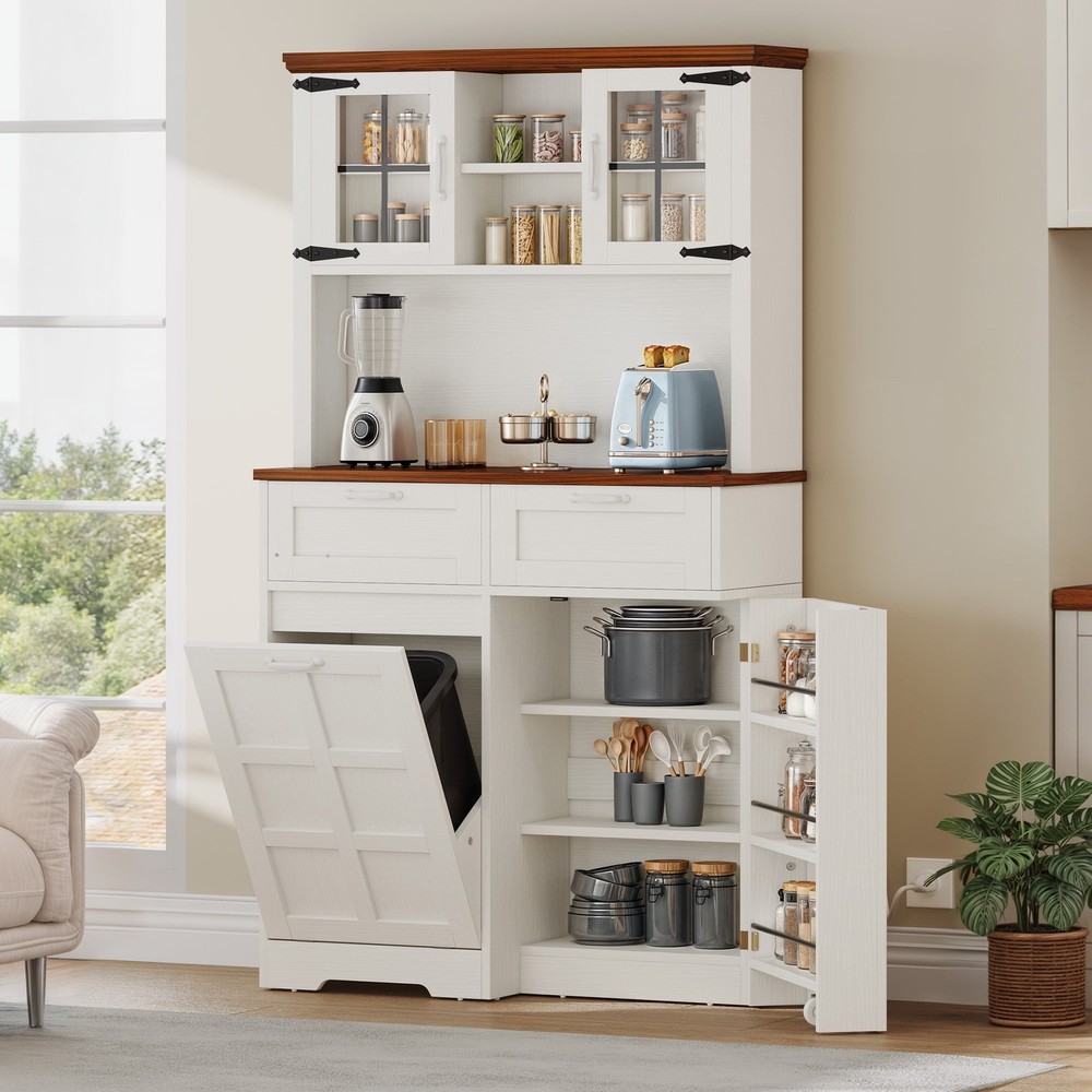 Kitchen Pantry Cabinet with Doors Drawers, Storage Cabinet Fits 10-gal Trash Can