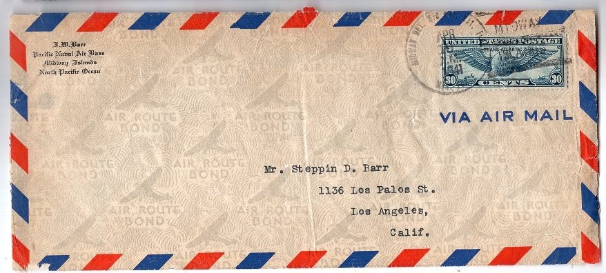 1941 Midway Island Clipper Airmail to L.A.  Cal.