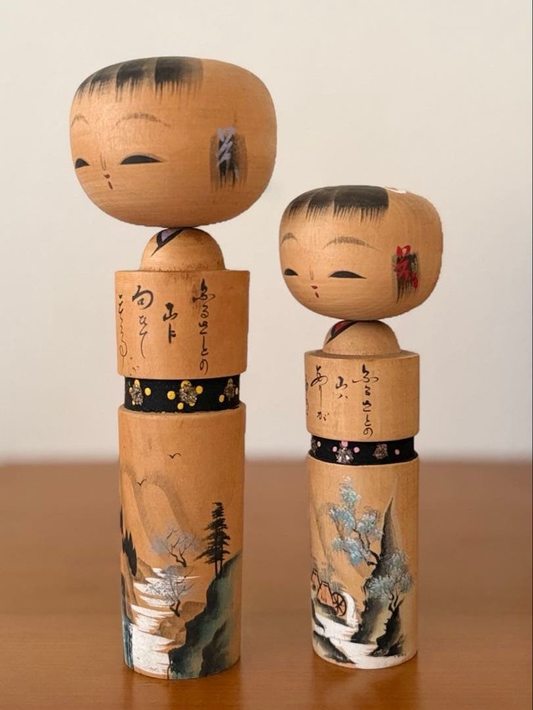 Showa Retro Kokeshi Pair 15cm 19cm Landscape Tikara Wooden Dolls Vintage