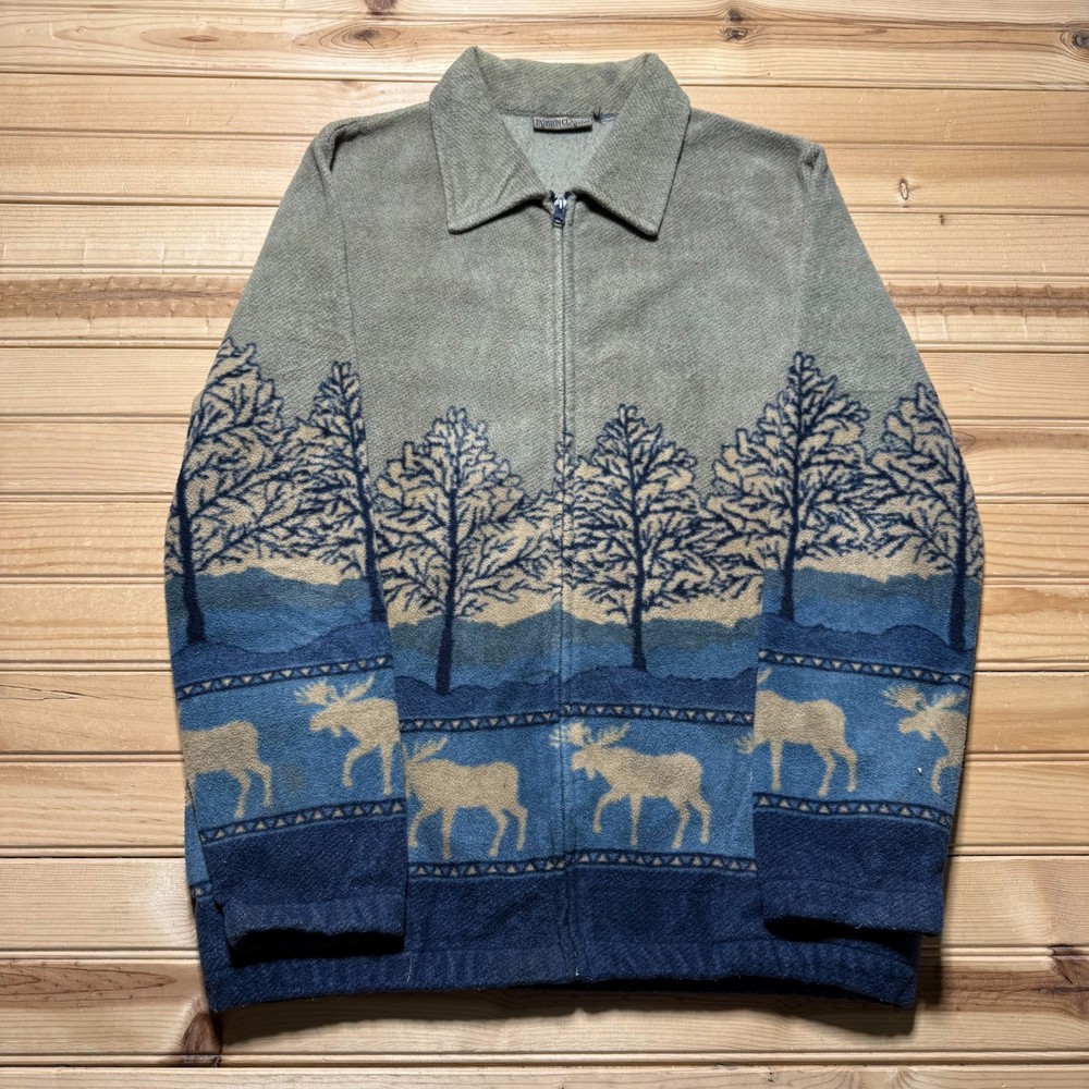 Vintage 90s Full Zip Fleece Moose Scenic Nature Outdoor Gorpcore Jacket - Small