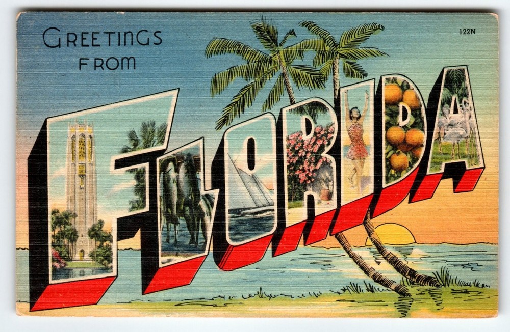 Vintage Linen Greetings From Florida Large Letter Postcard c.1940s Tichnor
