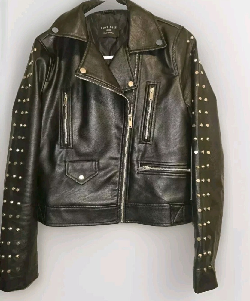 Love Tree Black Faux Leather Cropped Motorcycle Moto Jacket Women's S