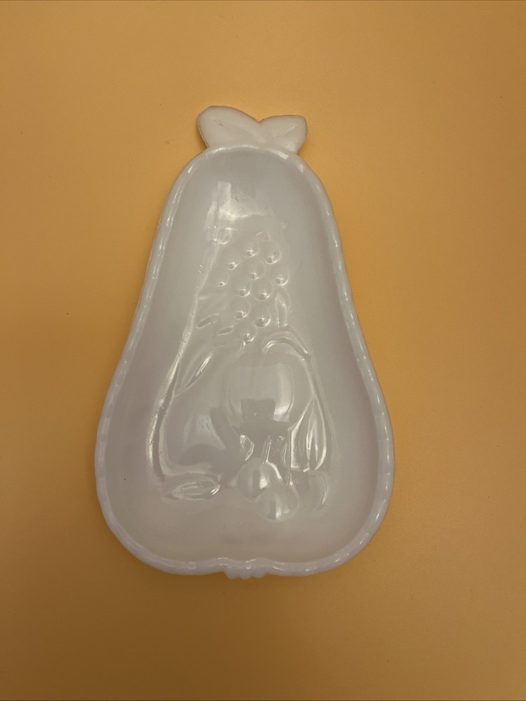 Vintage Hazel Atlas Milk Glass Pear Shaped Candy/Nut Dish Floral Fruit Pattern