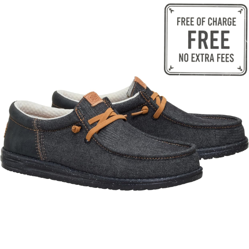 Hey Dude Men Wally Funk Black Denim Moc Toe Casual Shoe Lightweight Comfortable