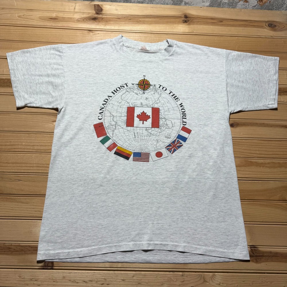 Vintage 90s Canada Host To The World Flags Globe Graphic Heather T-Shirt Large