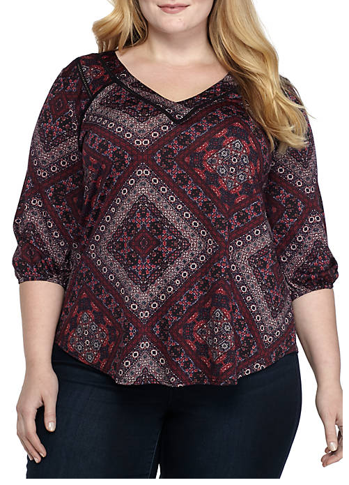 New Directions  Stretch Fabric Crocheted  Embellished 3/4 Sleeve Print Top 3X