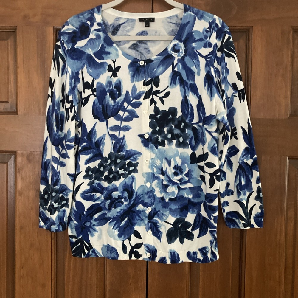 Talbots Women’s Sz Large White Blue Floral Lightweight Cardigan 3/4 Sleeves