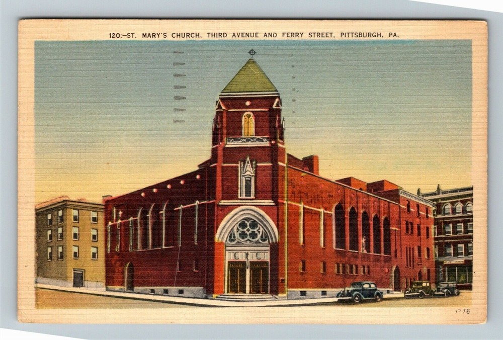 Pittsburgh PA-Pennsylvania, St Mary's Church, Automobiles  Vintage Postcard