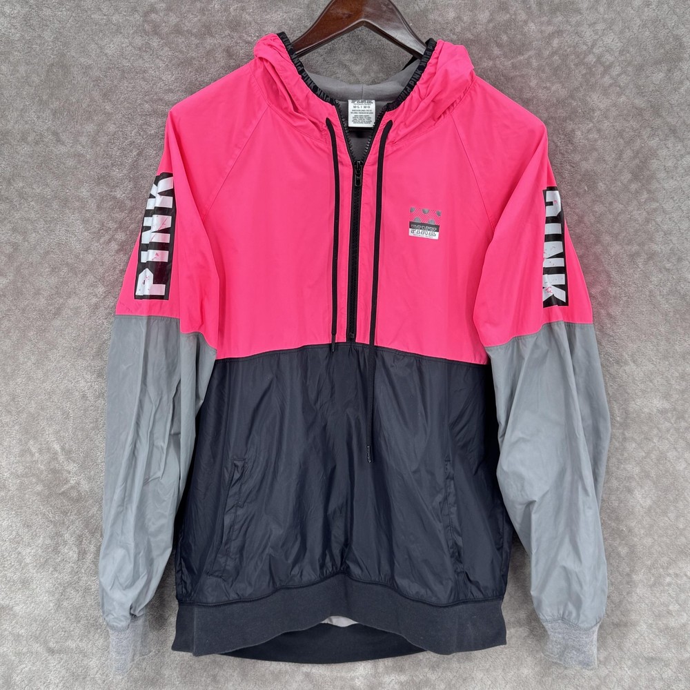 PINK Victoria's Secret Jacket Womens M/L Pink Colorblock Windbreaker Hooded Rare