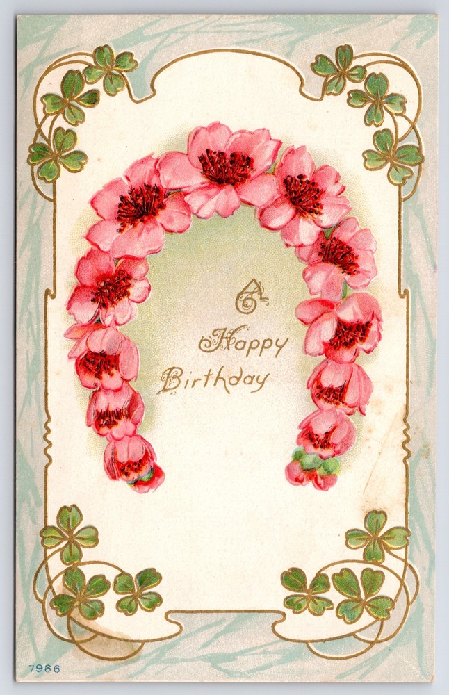 Greetings~Happy Birthday~Pink Flower Horseshoe~4 Leaf Clovers~Vintage Postcard