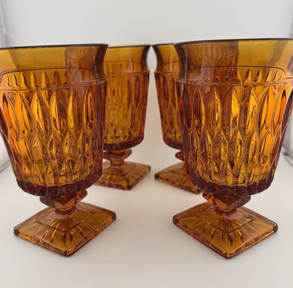 Set Of 4 Vintage Indiana Glass Mount Vernon Square Base Stemmed Water Goblets