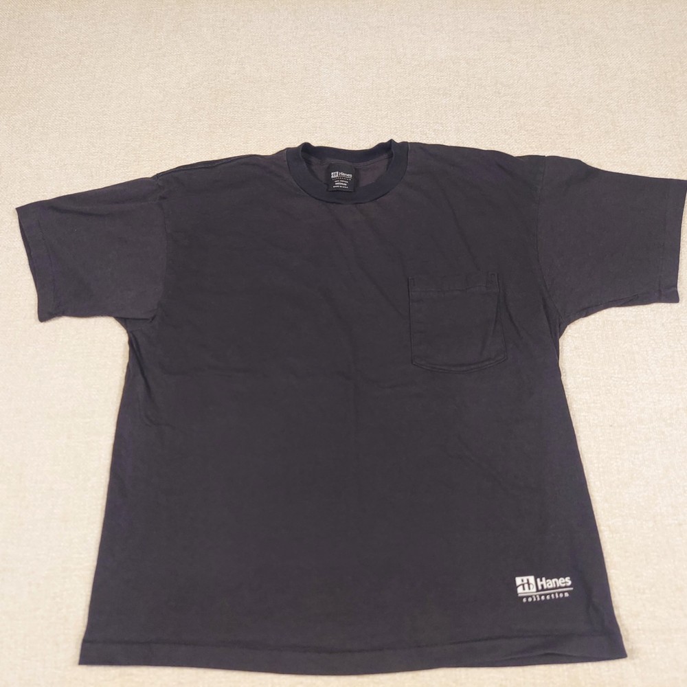 Vtg Hanes Collection Blank Pocket T-shirt 90s Single Stitch USA Black Size M