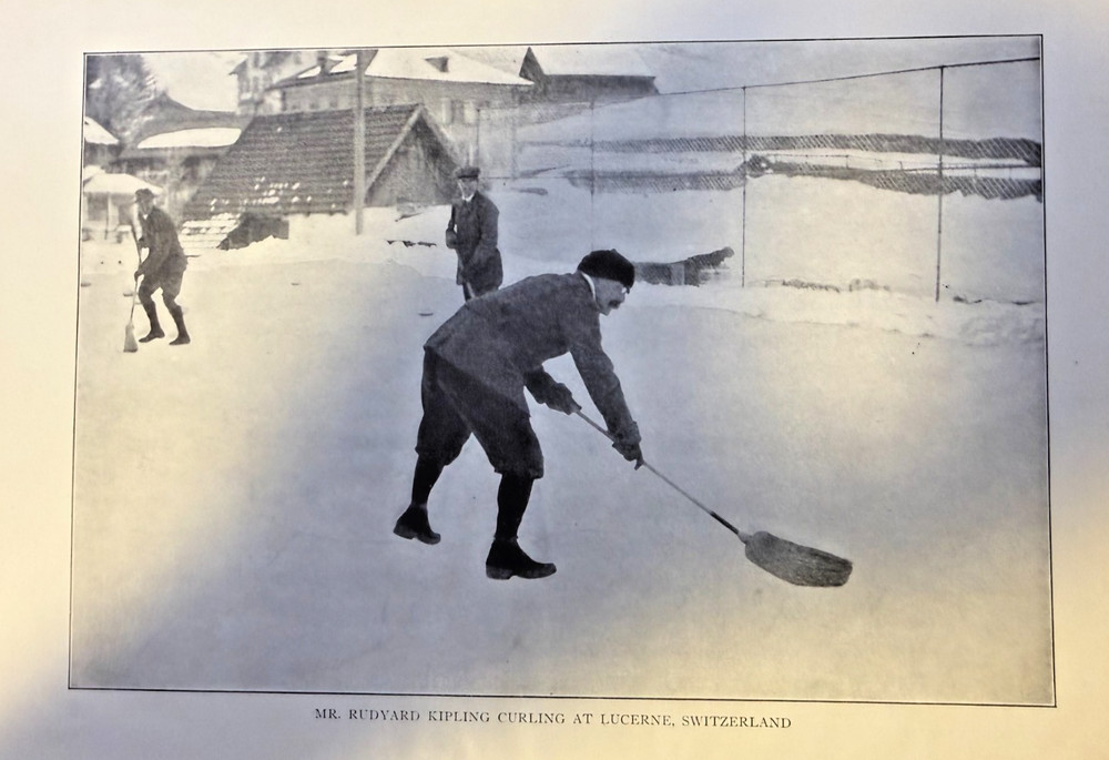 1909 Vintage Magazine Illustration Author Rudyard Kipling Curling At Lucerne