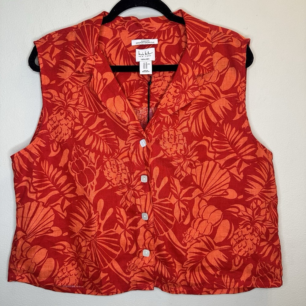 NWT Nicole Miller Womens XL Red Orange Floral Linen Sleeveless Top