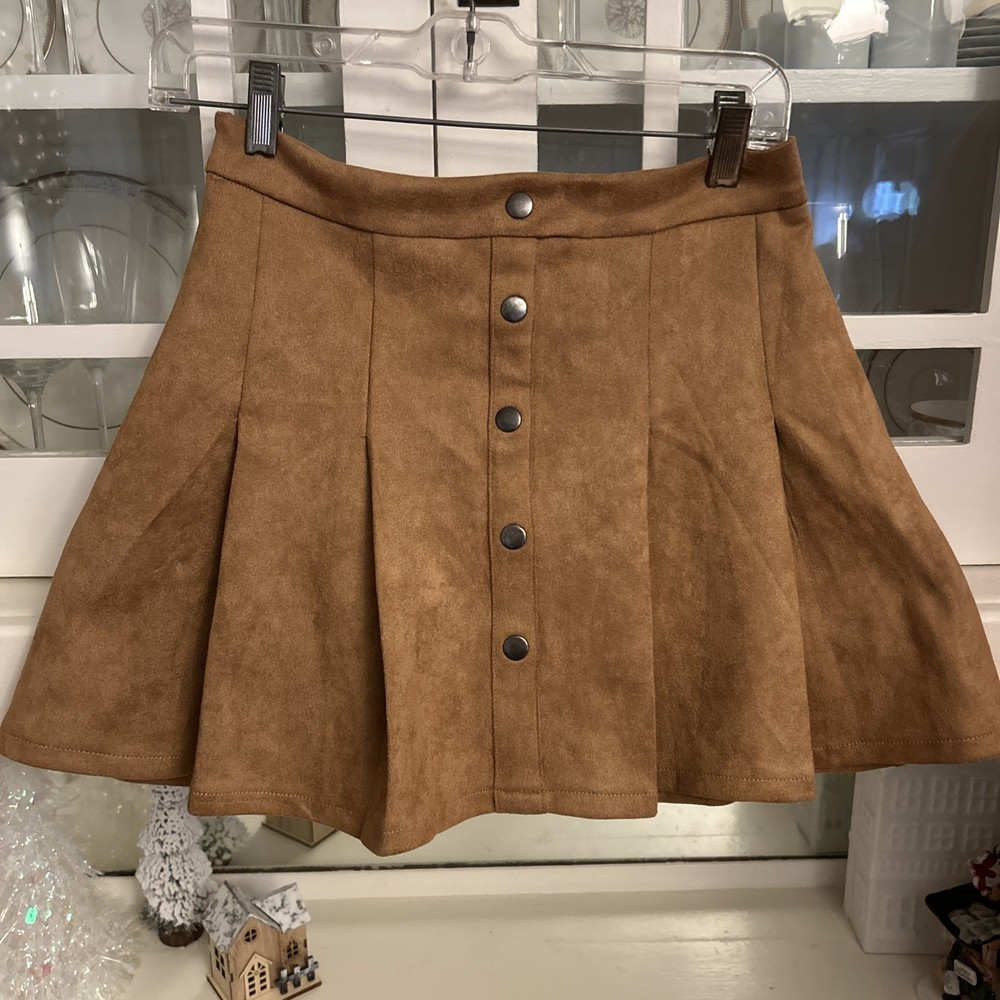 Exlura Vegan Suede Flare, Miniskirt,  Camel Brass Buttons SizeM