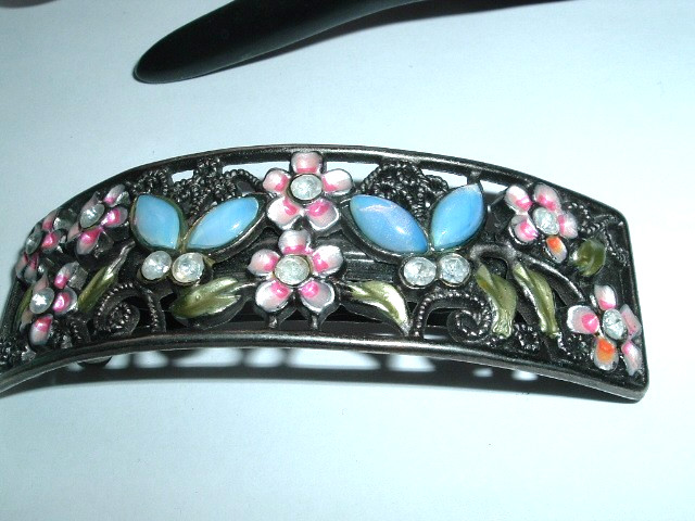 Vintage Blue Moonstone And Pink Floral  Hair Barrette