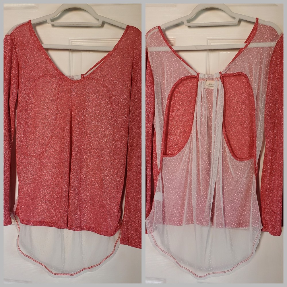 Jodi B. Wise Sheer Top Backraser Lace Shimmery Coral Summer Beachy Preppy Large