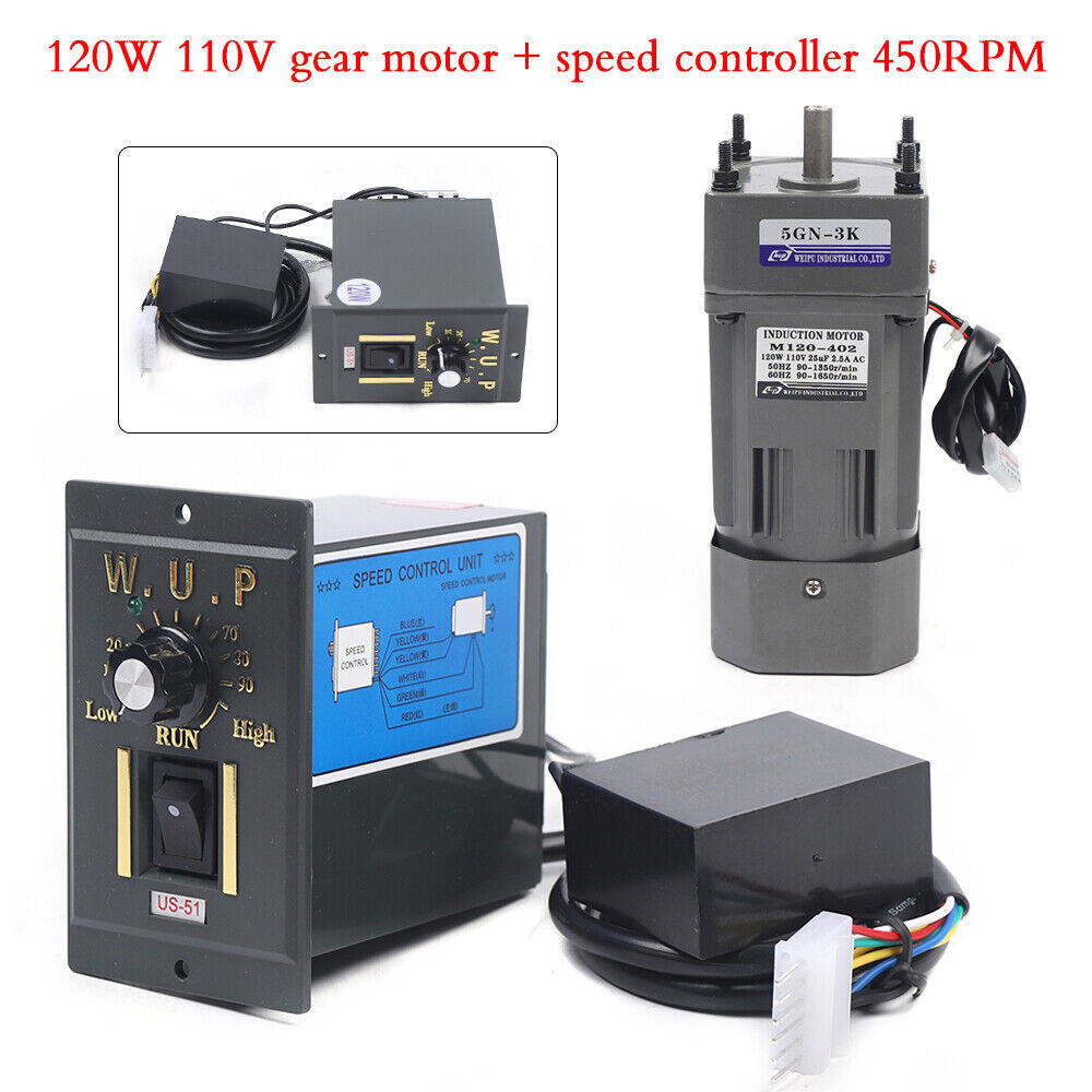 110V 120W AC Gear Motor with Variable Speed Controller 450RPM 1:3 Ratio