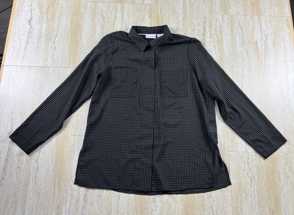 Liz Claiborne PM Black White Mini Polka Dot Blouse Button Up Long Sleeve Shirt